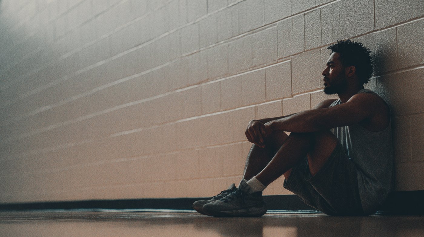A man in athletic wear sits alone against a gym wall, illustrating the question: do I need therapy.