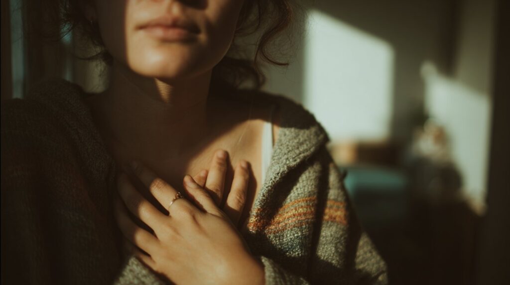 A woman gently holds her chest in soft morning light, reflecting inward as she wonders: do I need therapy.