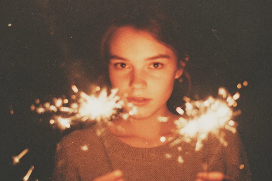 A young girl holds sparklers in the dark, her expression calm and focused, illuminating the quiet emotional intensity often behind the question, does my child need therapy.