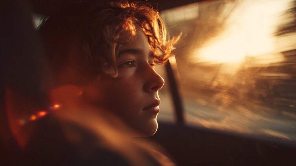  A child gazes out a car window with sunlight casting a golden glow across their face, reflecting a moment of introspection—capturing the concern behind the question, does my child need therapy.