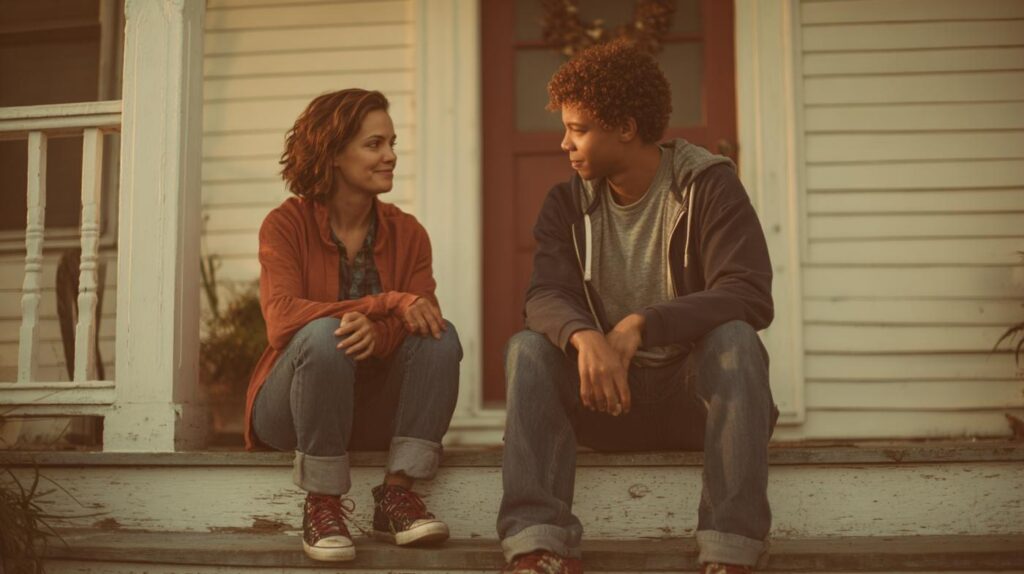 A teen and adult sit on a porch in calm conversation, quietly reflecting on the question: does my family need therapy?