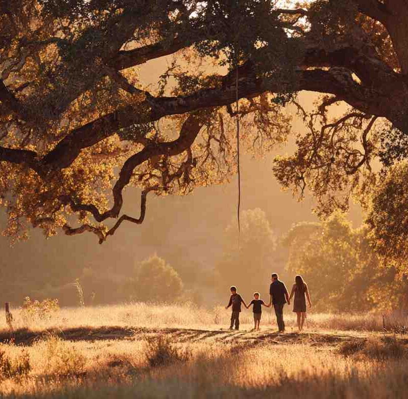 A family walks beneath a large oak tree at sunset, symbolizing unity and the question: does my family need therapy?