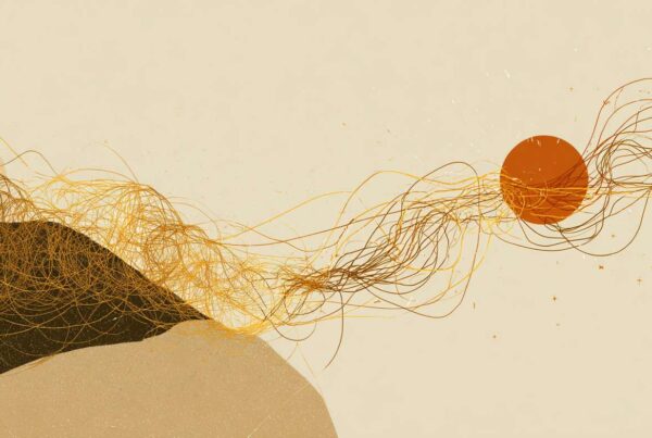 Abstract lines swirl from a dark hill toward a bright orange sun, symbolizing the tangled patterns of neurotic behavior.
