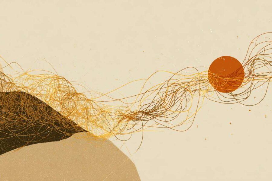 Abstract lines swirl from a dark hill toward a bright orange sun, symbolizing the tangled patterns of neurotic behavior.