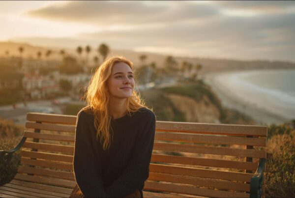 A young woman sits on a bench overlooking the ocean at sunset, her peaceful smile capturing the hope found in therapy for feeling overwhelmed.