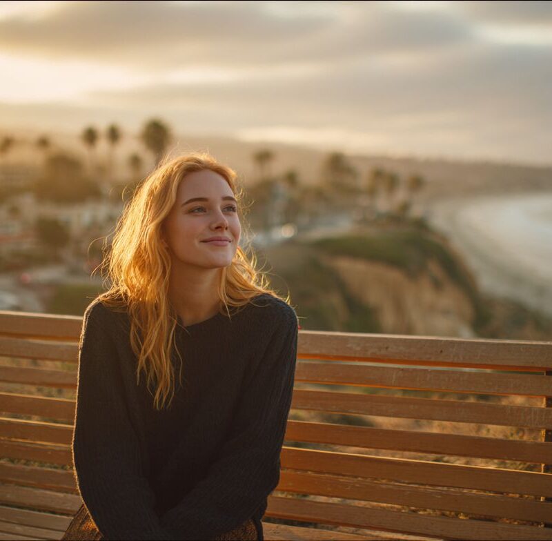 A young woman sits on a bench overlooking the ocean at sunset, her peaceful smile capturing the hope found in therapy for feeling overwhelmed.