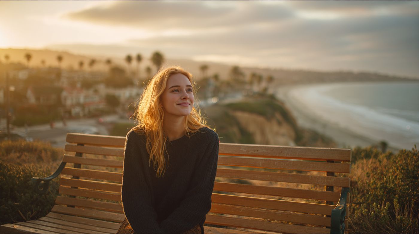 A young woman sits on a bench overlooking the ocean at sunset, her peaceful smile capturing the hope found in therapy for feeling overwhelmed.
