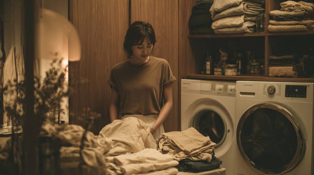 Woman folding laundry quietly, appearing pensive as though she could cry for no reason.