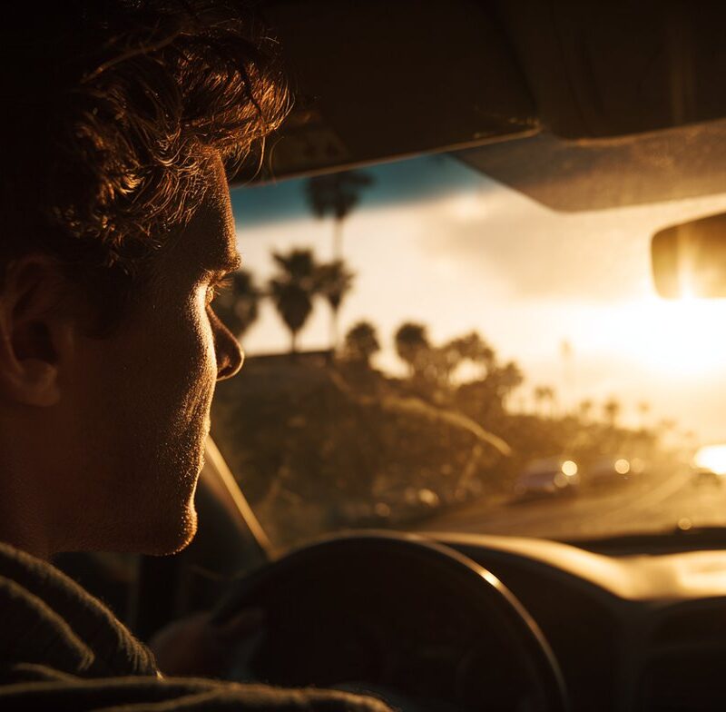 Man driving at sunset, lost in thought as if he might cry for no reason.
