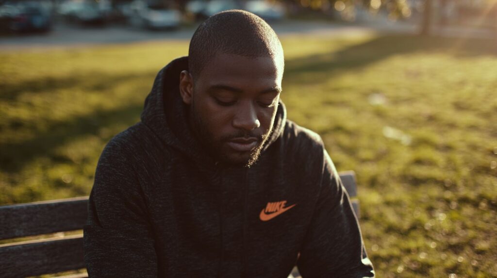 A man sitting on a park bench looking down, reflecting the question what is apathy.