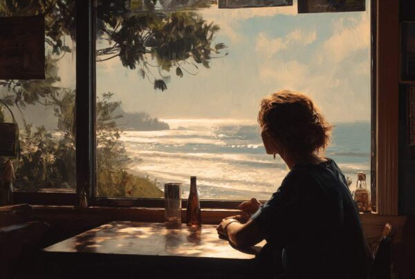 A woman staring out a seaside window with a distant expression, evoking the thought what is apathy.