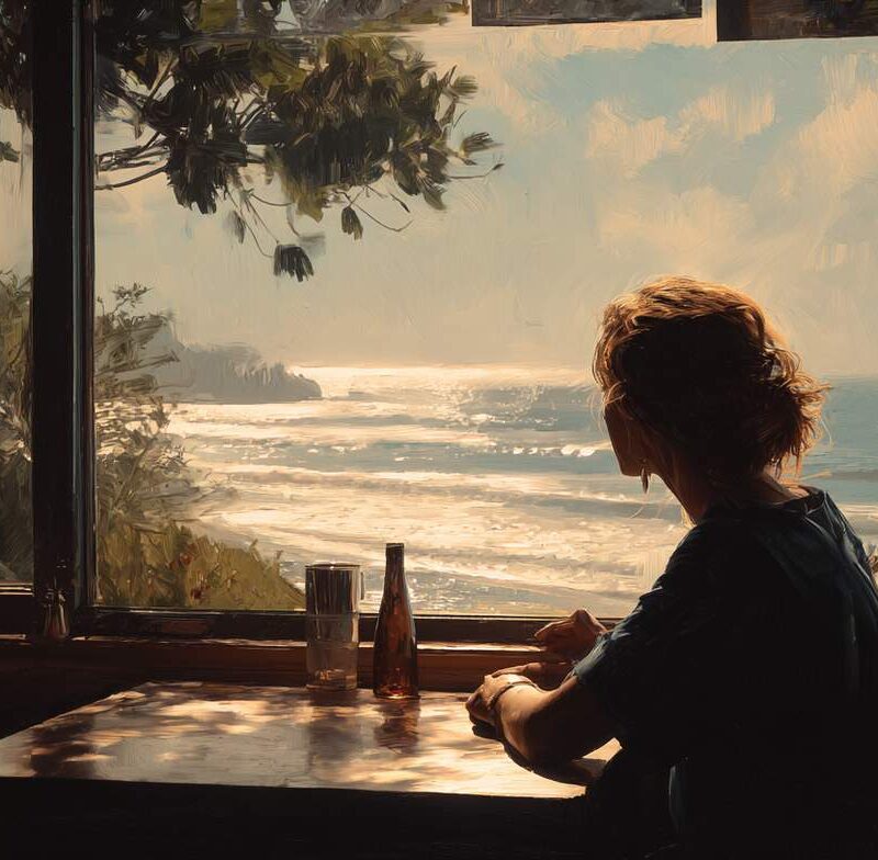A woman staring out a seaside window with a distant expression, evoking the thought what is apathy.
