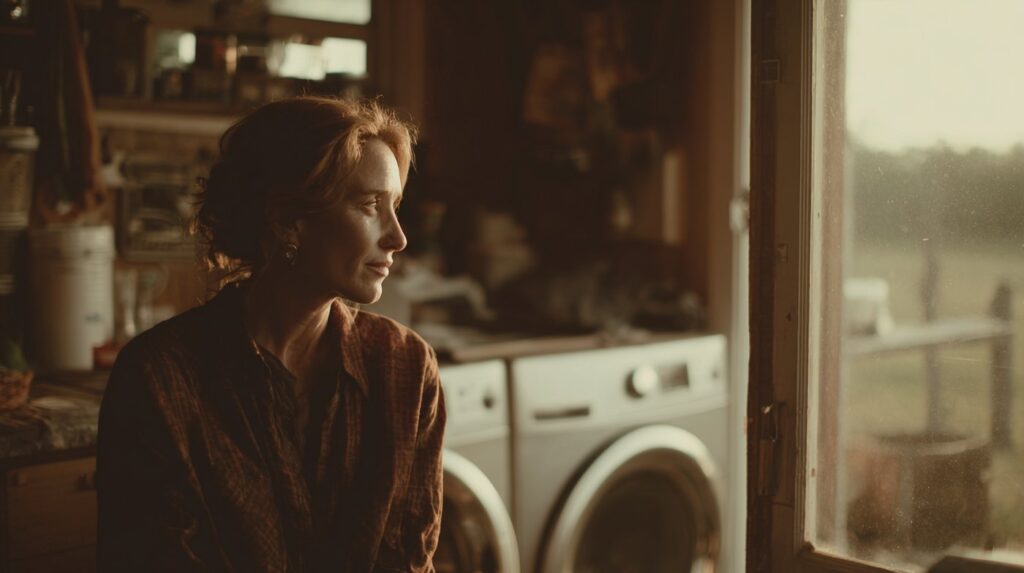 A woman sits in soft golden light by a window, lost in thought—capturing the quiet reflection often seen in people fawning because trauma.