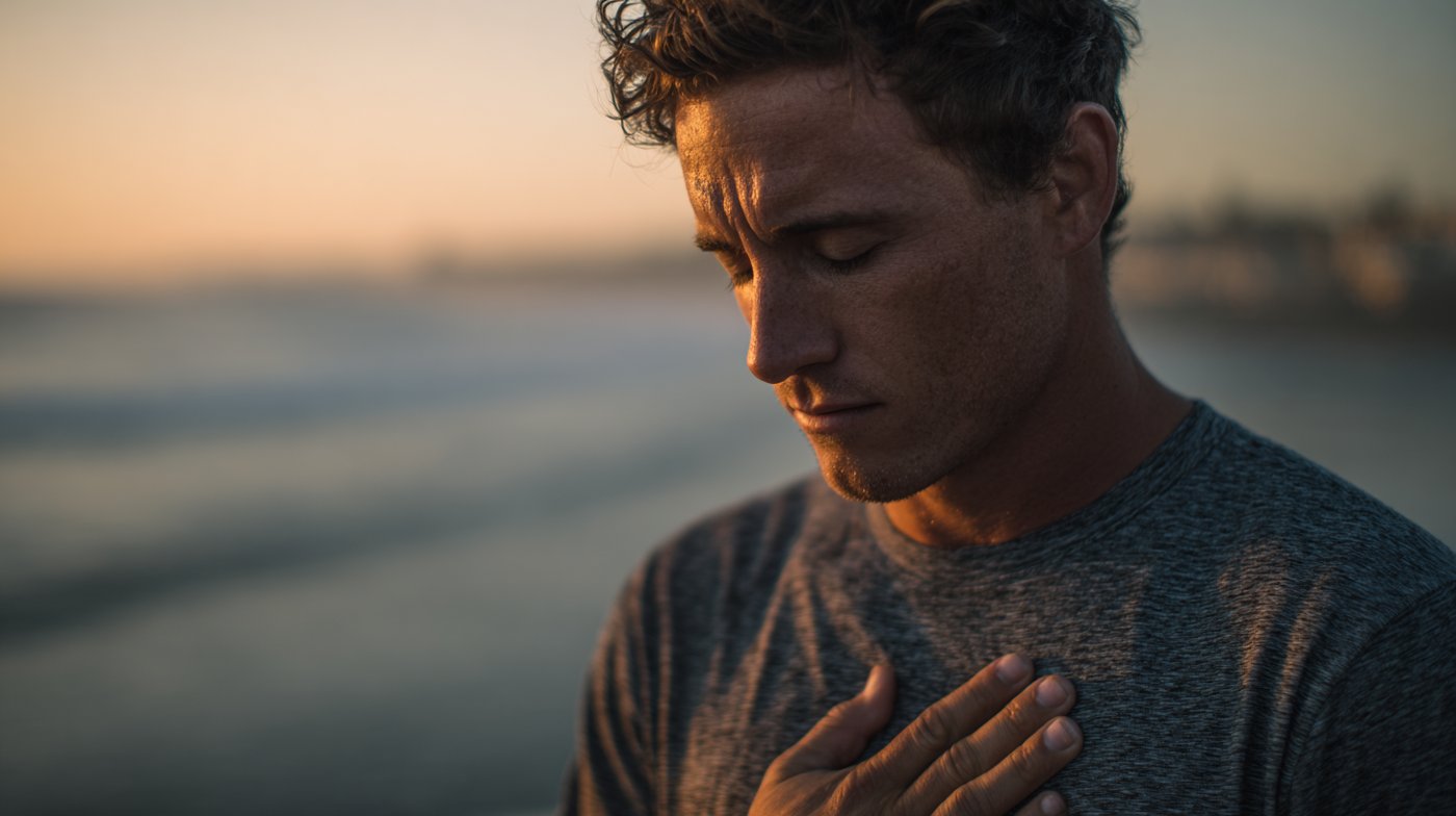 A man holds his hand over his heart at sunset, eyes closed, symbolizing emotional awareness and healing from fawning because trauma.