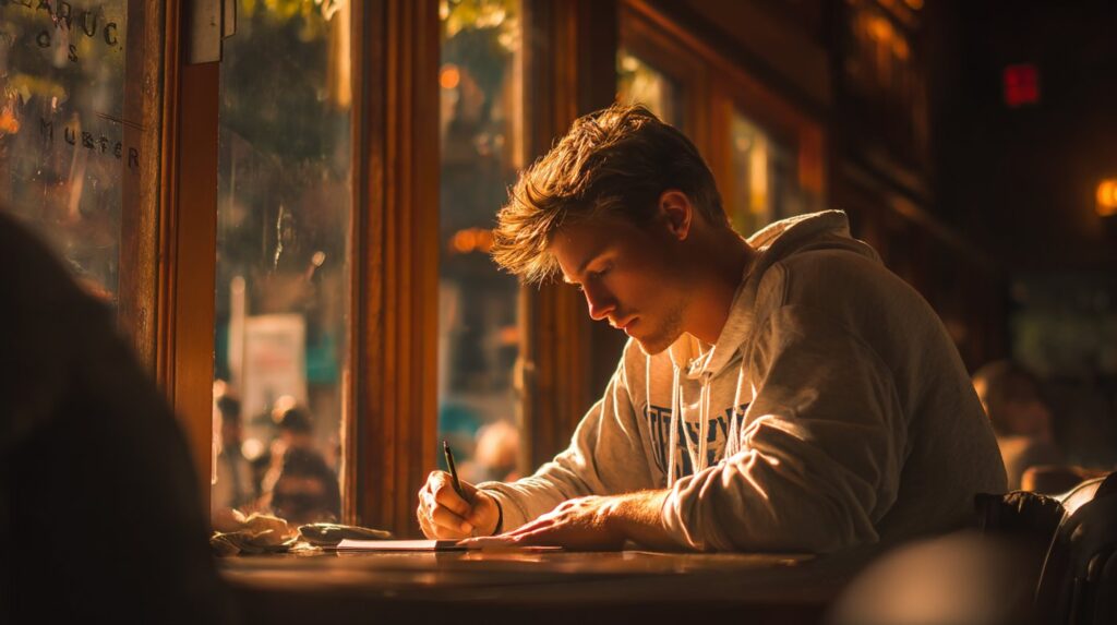 A young man writes in a journal by a sunny café window, reflecting emotional resilience and mindful self-expression.