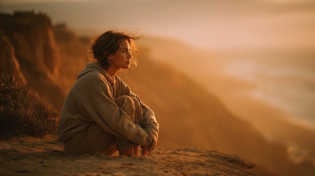A person sitting quietly on a cliff at golden hour, reflecting inward as the stages of anxiety rise and fall.