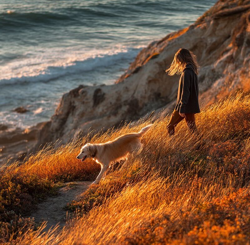 A woman walks her dog along golden coastal cliffs at sunset, symbolizing emotional resilience through nature and calm movement.