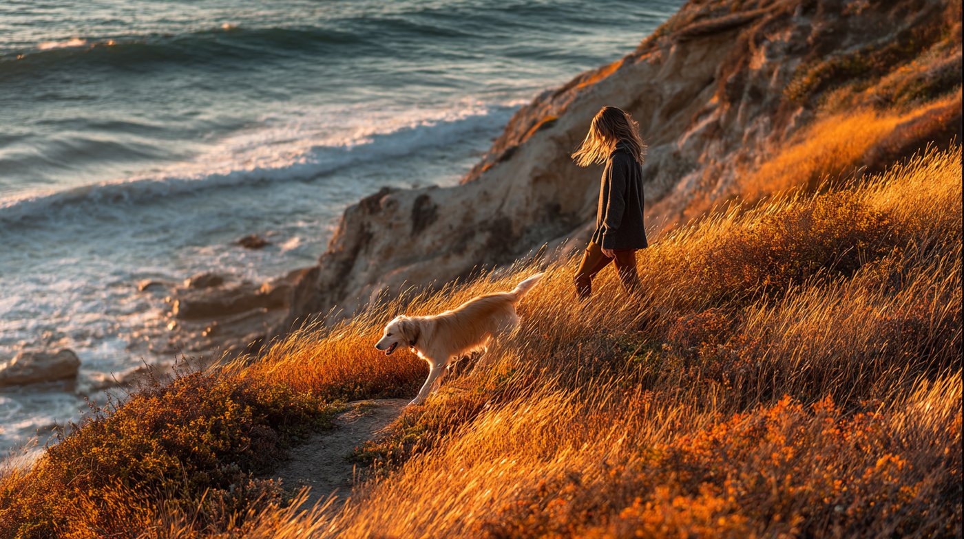 A woman walks her dog along golden coastal cliffs at sunset, symbolizing emotional resilience through nature and calm movement.