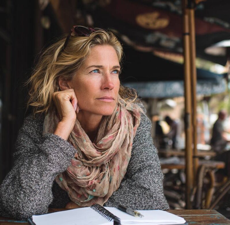 A thoughtful adult sitting at an outdoor café with a notebook, reflecting on daily life and focus challenges common for adults with ADHD.