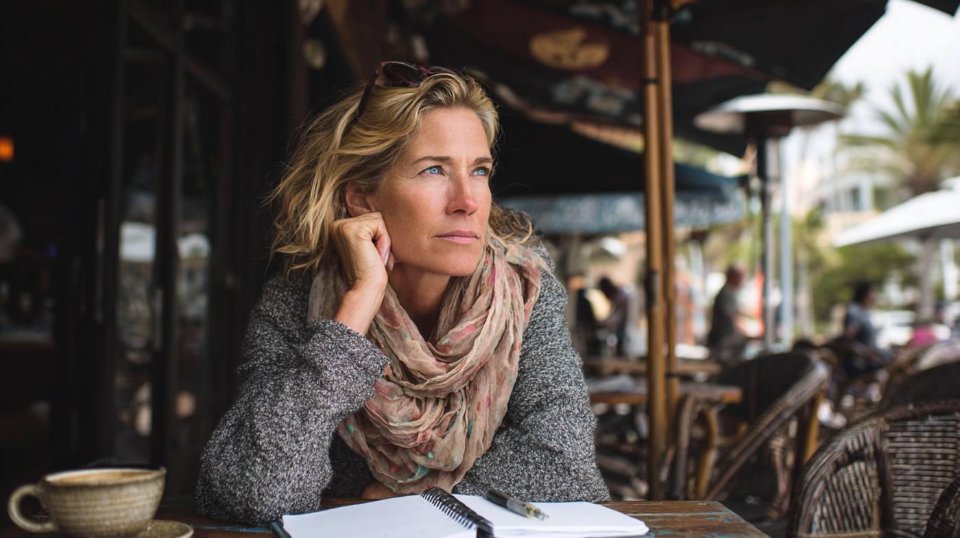 A thoughtful adult sitting at an outdoor café with a notebook, reflecting on daily life and focus challenges common for adults with ADHD.