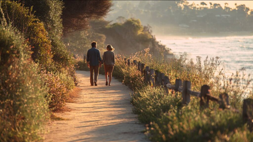 Two adults walking together along a coastal path at sunset, illustrating connection, movement, and balance for adults with ADHD.