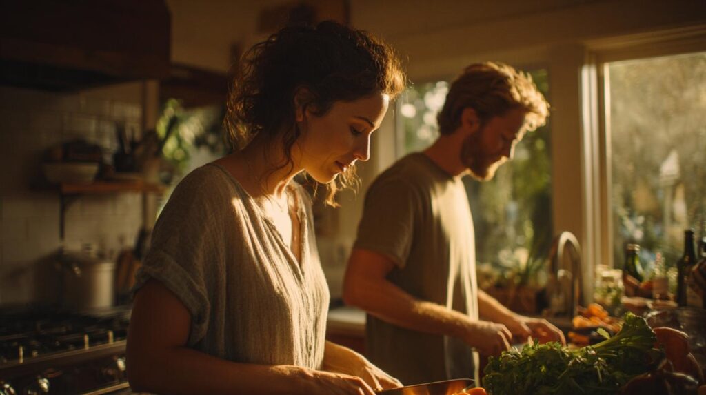 A couple prepares a meal together in a warmly lit kitchen, illustrating how emotional manipulation can quietly exist within everyday relationships.