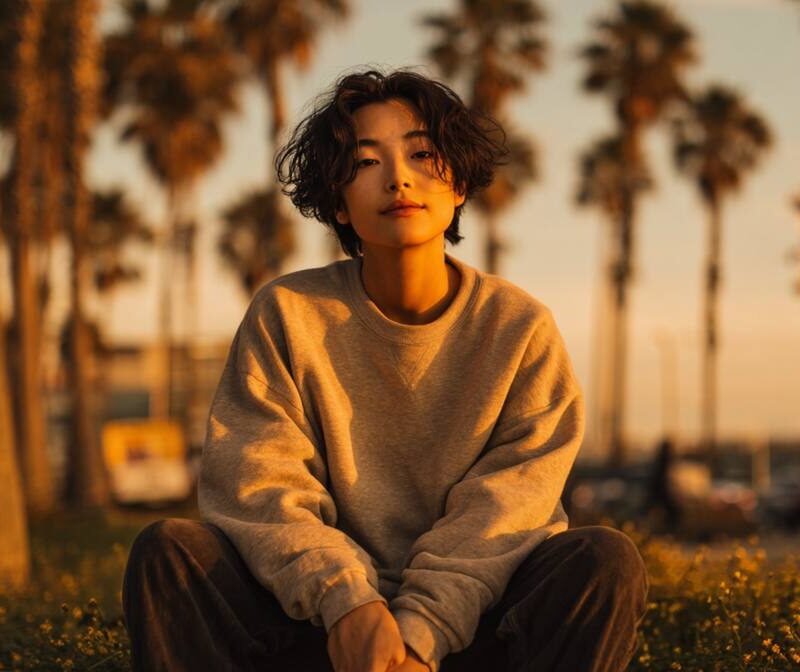 A person sitting calmly outdoors among palm trees, reflecting on medications for anxiety during golden hour.