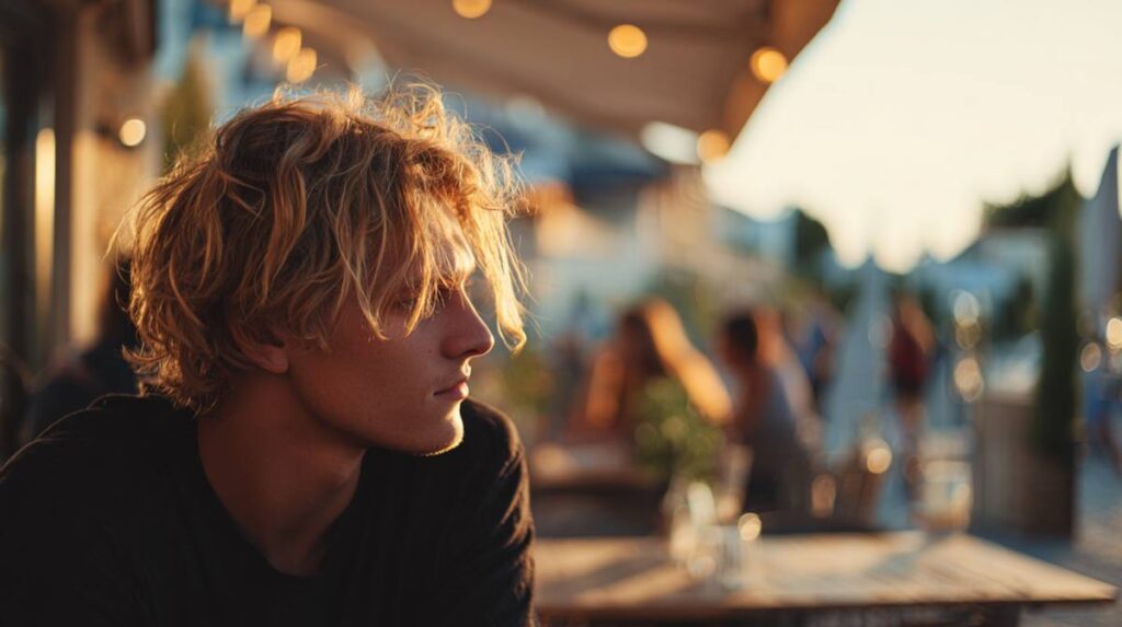 A young man seated at an outdoor café in warm light, illustrating real-life moments affected by medications for anxiety.