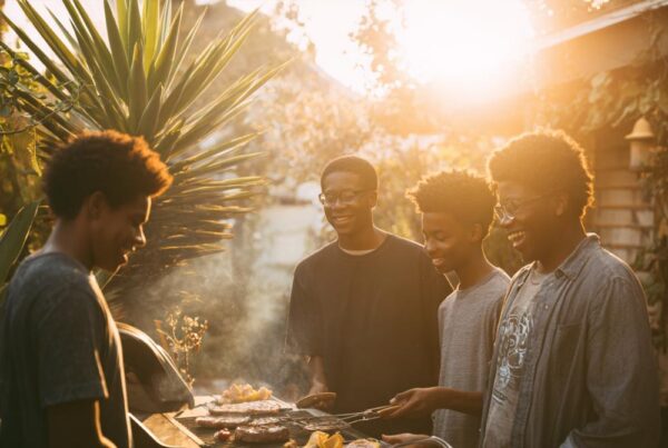 Family members laughing together while grilling outdoors illustrating the difference between family therapy and individual therapy.