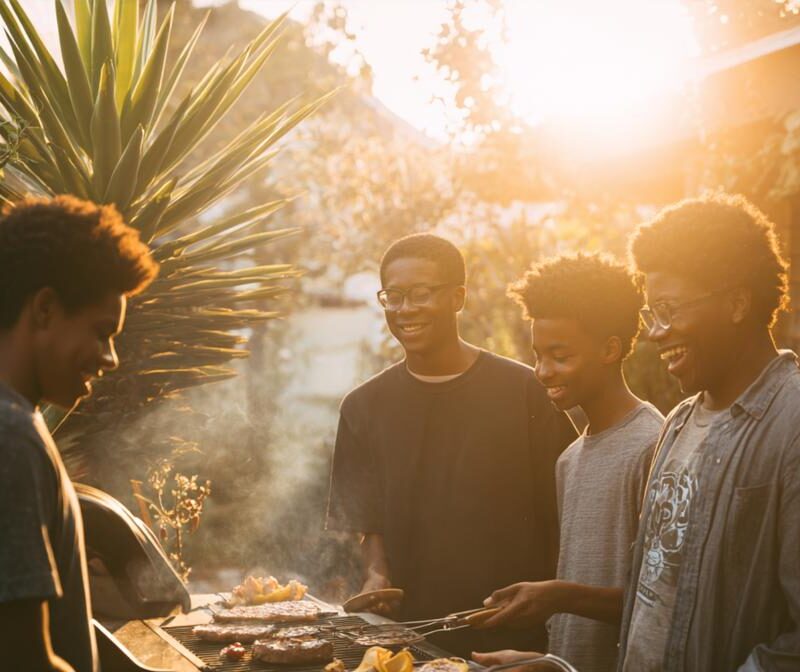 Family members laughing together while grilling outdoors illustrating the difference between family therapy and individual therapy.