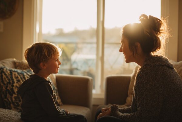 Parent and child sitting face to face in warm sunlight, illustrating supportive connection around hyperfixation.