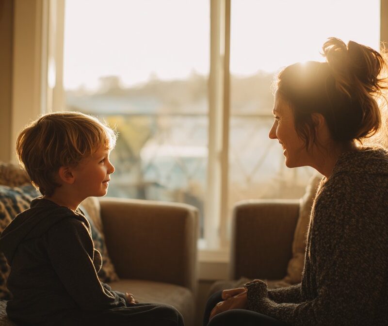 Parent and child sitting face to face in warm sunlight, illustrating supportive connection around hyperfixation.