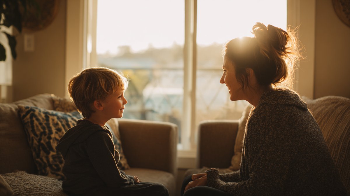 Parent and child sitting face to face in warm sunlight, illustrating supportive connection around hyperfixation.