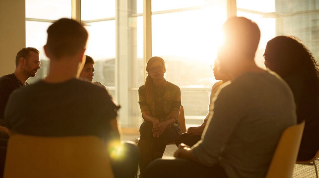 A therapist leading a circle of participants in a counseling session illustrating what is group therapy.