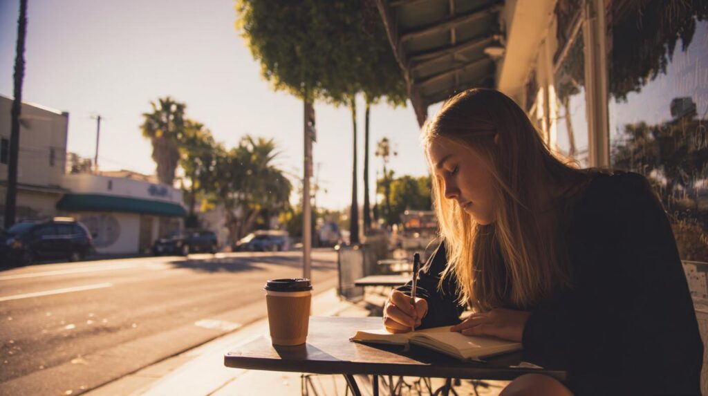 A young woman sitting at a café writing in a notebook while quietly reflecting on her emotions and asking herself why do I feel empty.