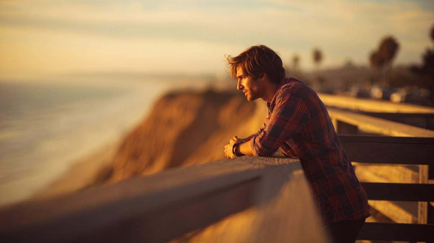 A man leaning on a coastal overlook at sunset deep in thought about his life and emotions, reflecting the question why do I feel empty.
